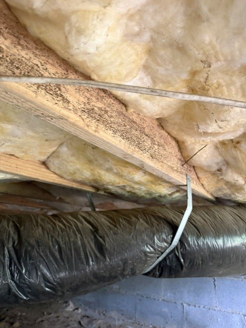 Crawlspace showing moldy insulation, exposed ductwork, and damaged vapor barrier on wooden joists