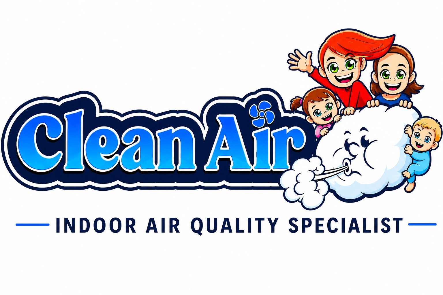 Clean Air logo with family on cloud and indoor air quality specialist text