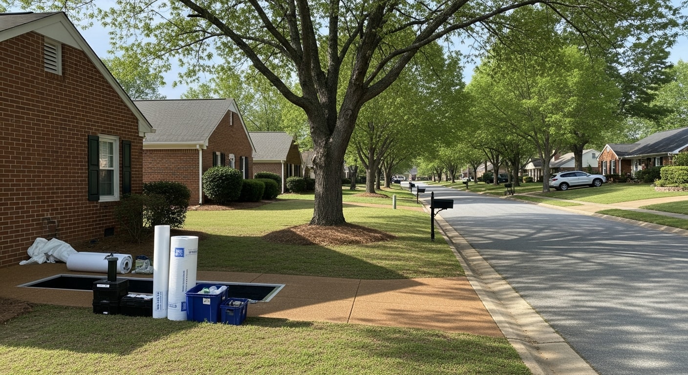 A diverse Greensboro neighborhood street with a mix of residential homes and mature trees.