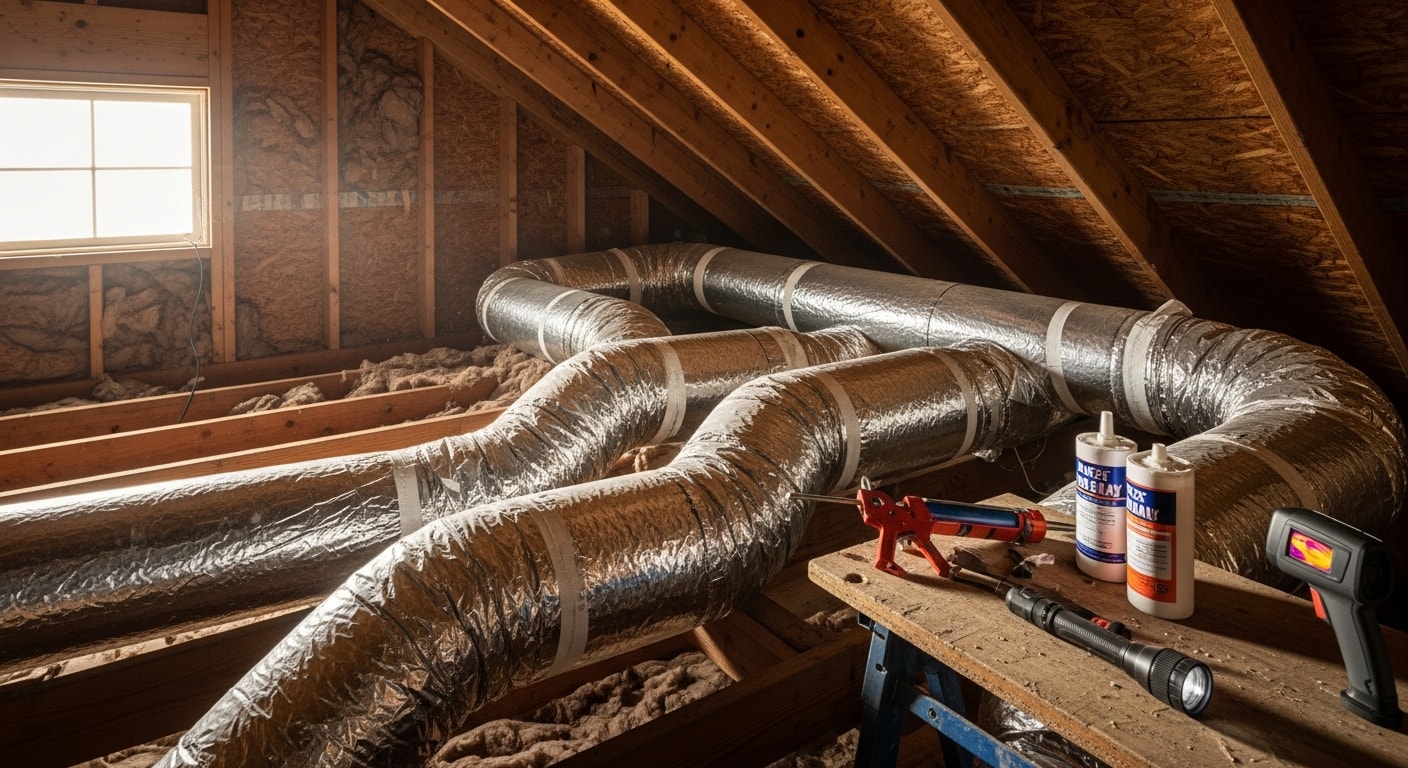 A Clean Air technician applying mastic sealant to a duct connection in a Greensboro, NC home to stop air leaks and improve HVAC efficiency.