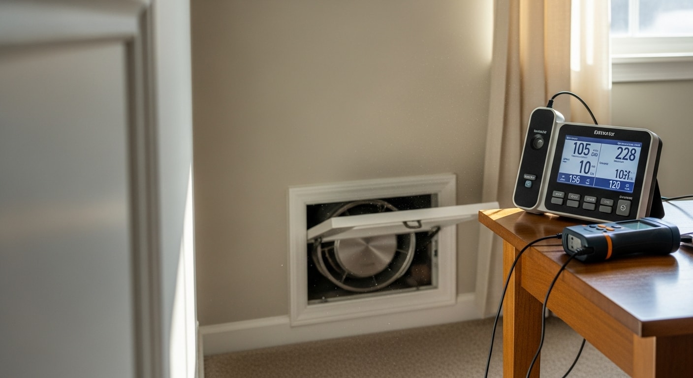 A Clean Air specialist using handheld testing equipment to measure airborne particles inside a Lewisville home. The technician stands near an HVAC return vent while reviewing readings on a digital display.