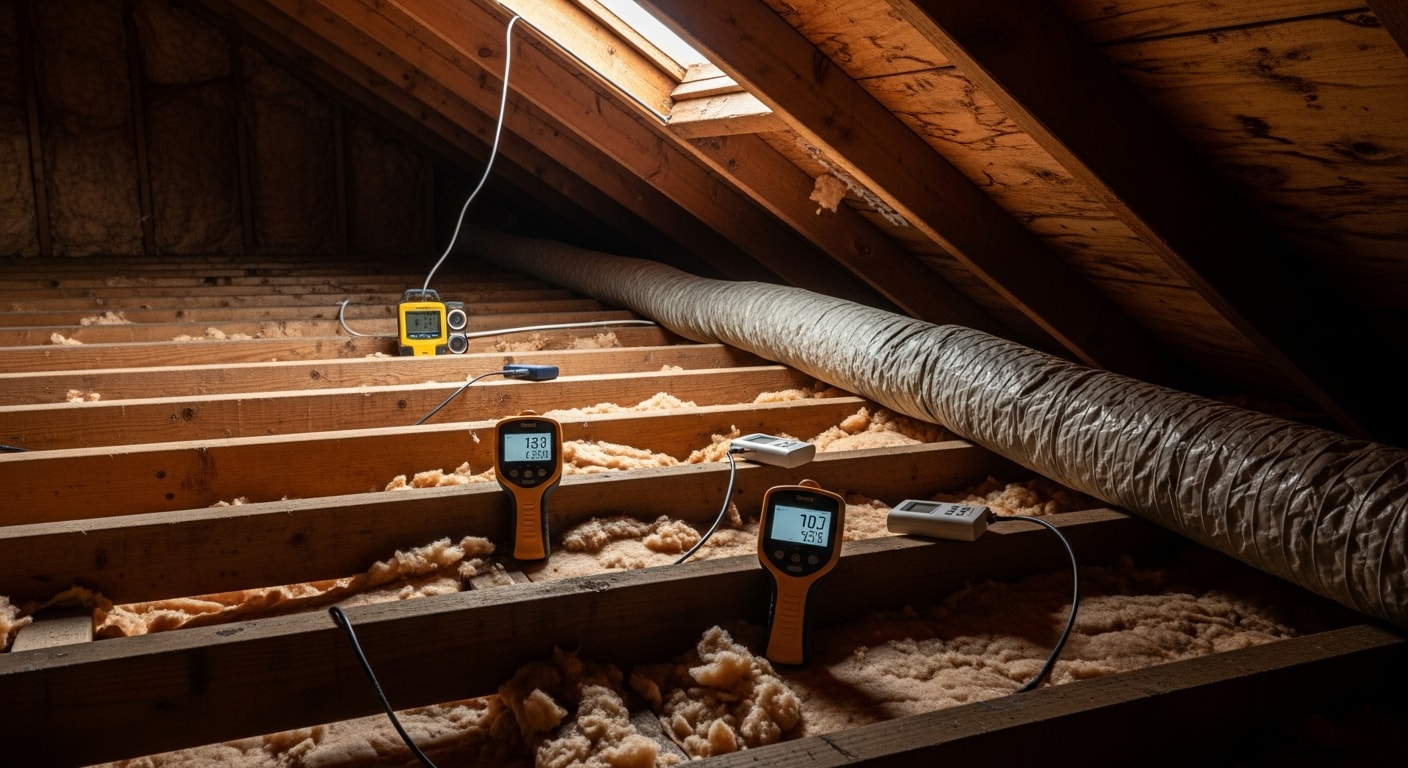 A Clean Air technician applying mold prevention treatment to a crawlspace or attic surface in a Greensboro, NC home.