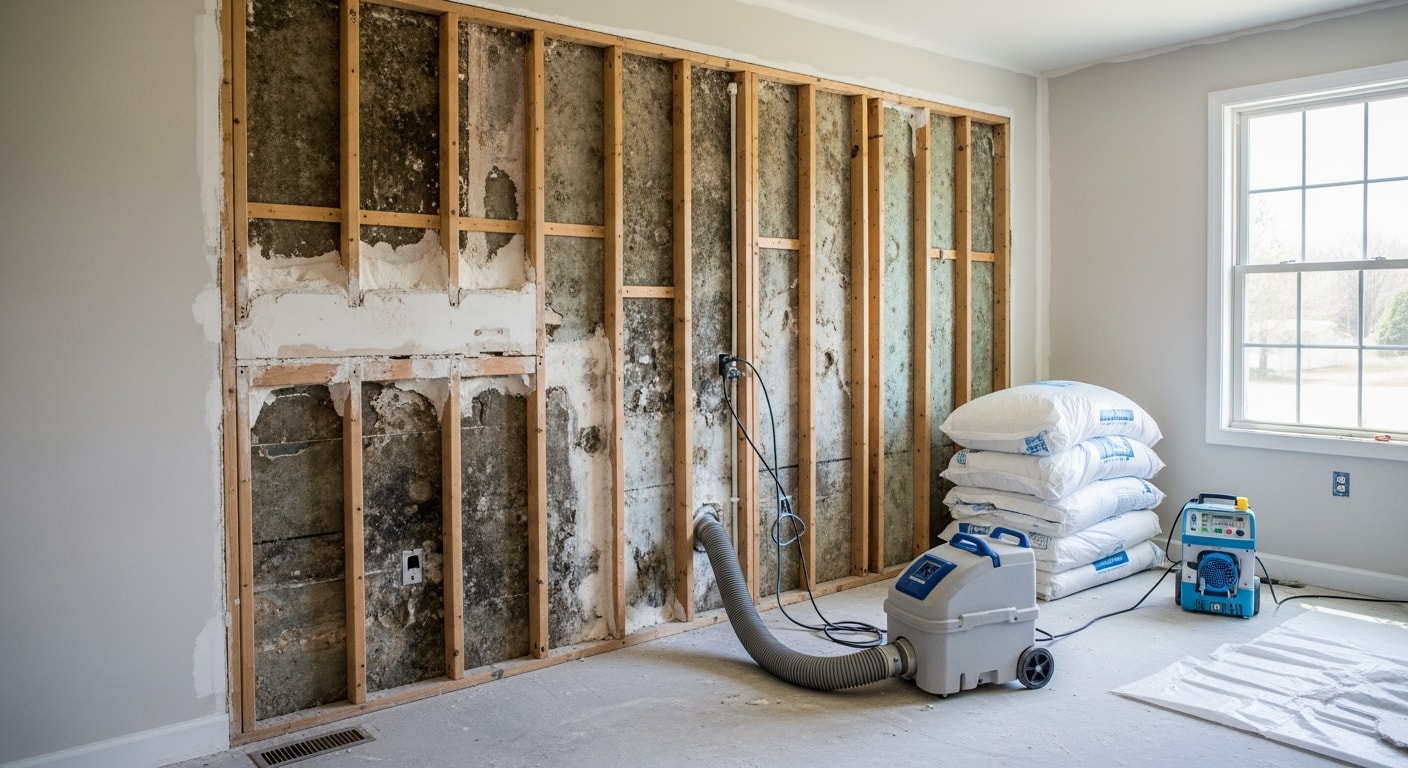 A Clean Air technician in protective gear performing mold remediation in a Greensboro, NC home, with containment barriers visible in the background.