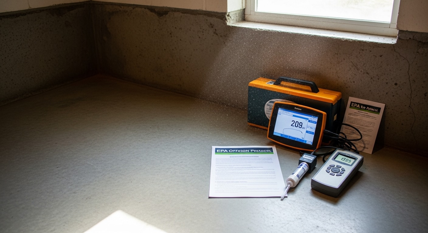 A Clean Air indoor air quality technician placing a radon test device on the floor of a Lewisville home's ground-level living area. The slab-on-grade foundation and closed interior windows are visible in the background.