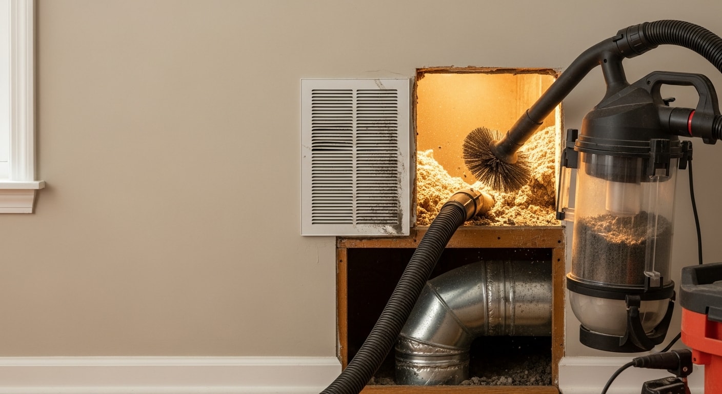 A Clean Air technician cleaning a return air duct vent in a Greensboro, NC home, removing dust and debris from the return side of the HVAC system.