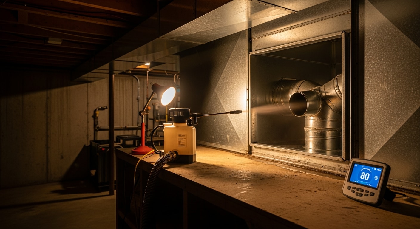 A Clean Air technician applying sanitizing treatment inside the ductwork of a Lewisville home with visible signs of prior moisture buildup. The image shows the interior of a residential HVAC duct being treated to remove mold-related odors and airborne contaminants.