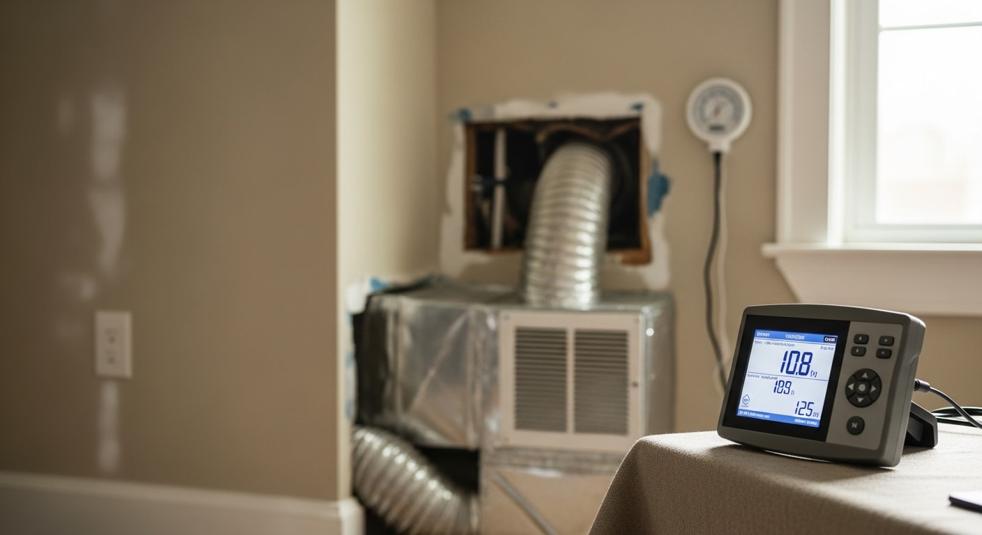 A Clean Air technician performing an indoor air quality assessment inside a Lewisville home, holding a handheld air testing device near a ceiling vent in a residential living room.