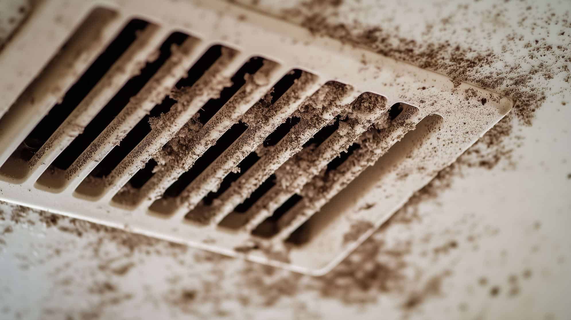 Dirty air vent clogged with dust and debris, affecting indoor air quality.