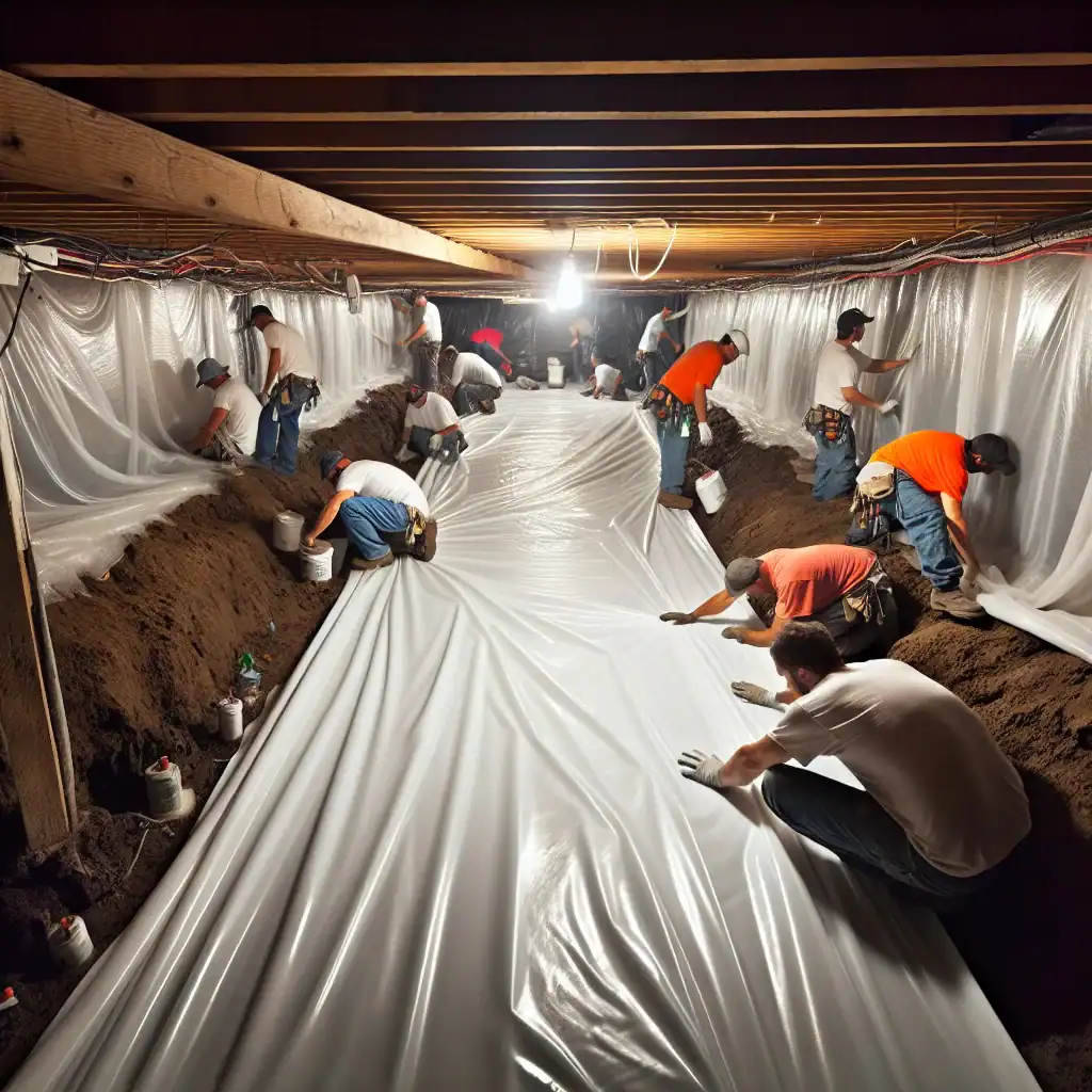 Team installing vapor barrier for crawl space encapsulation in Alamance, NC.