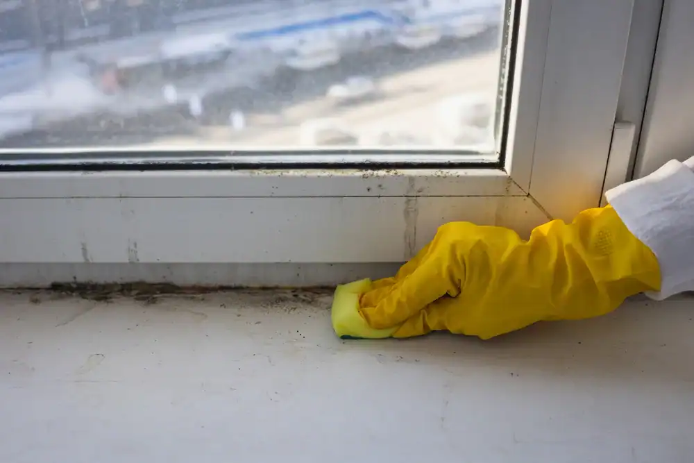 Professional mold removal cleaning window sill with yellow glove.